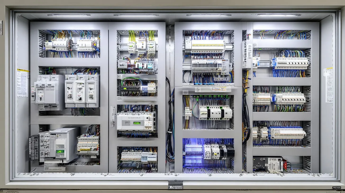 Electrical control panel with organized wiring, circuit breakers, and electronic components inside a metal enclosure.
