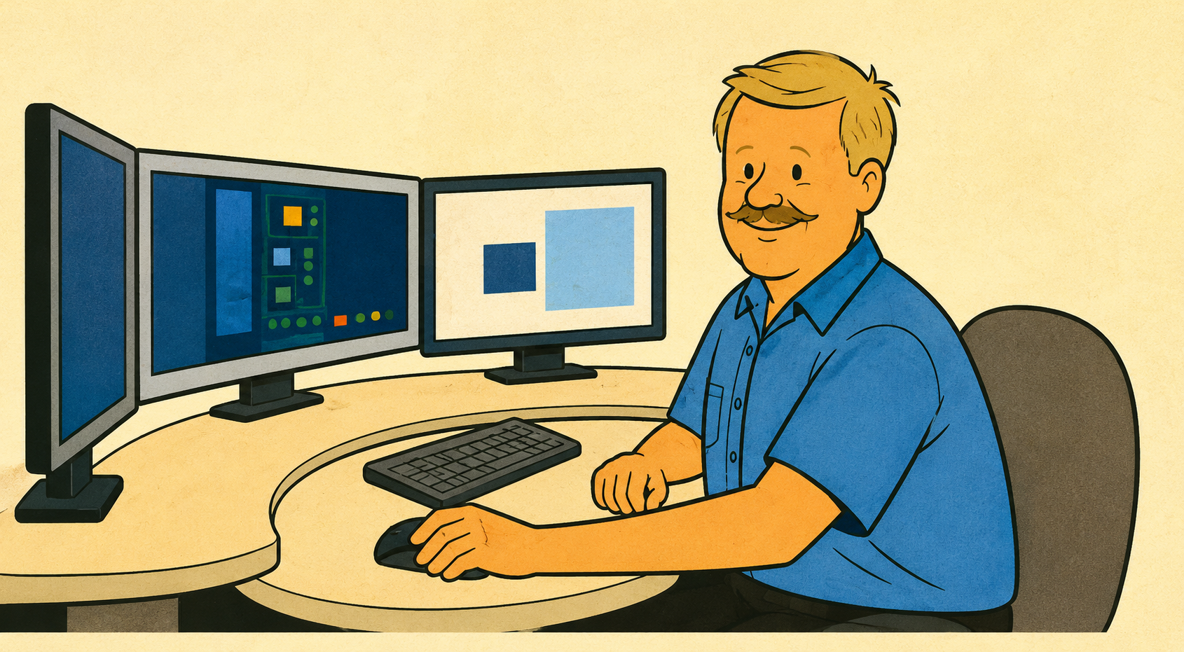 A man sitting at a desk with three computer monitors, using a mouse and keyboard, smiling at the camera.