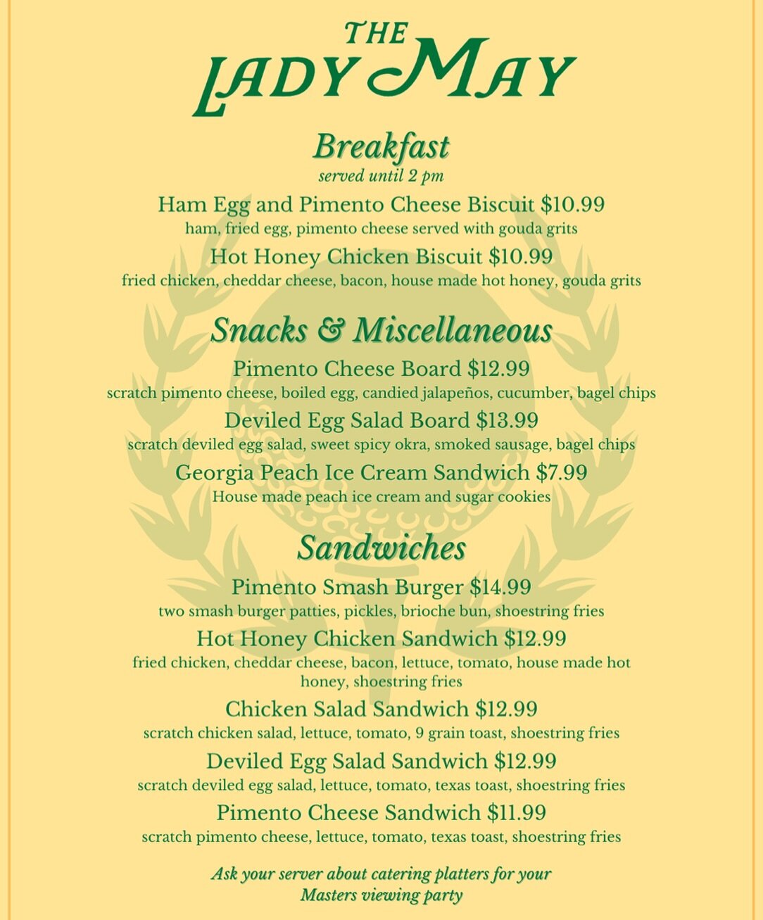 The Board of The Lady May cordially invites you to participate in the two thousand and twenty four Tasting Menu to be held at The Lady May in Ocean Springs from the second of April to the twenty-first of April. #brunch #golf