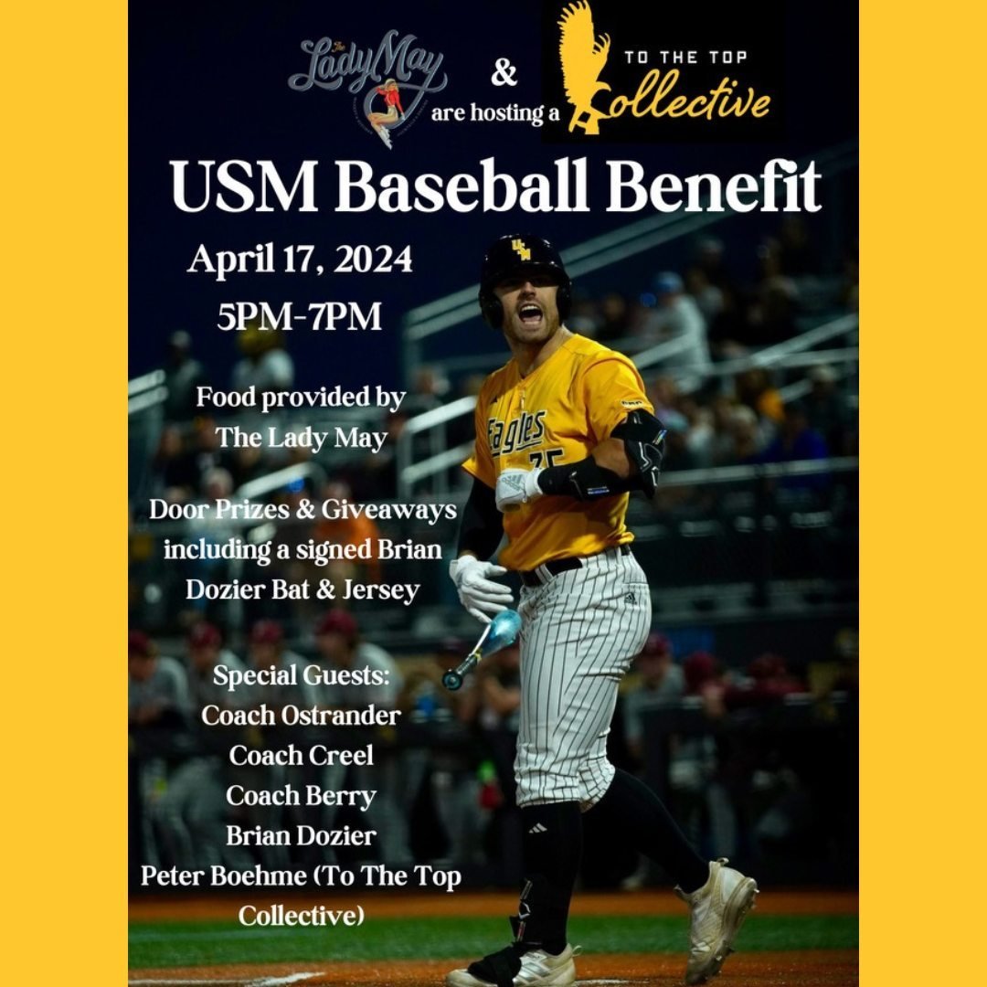 Attention all USM Alumni along the Mississippi Gulf Coast! 
Join us for a USM Baseball Benefit on April 17th from 5-7pm at The Lady May. There will be prizes &amp; giveaways, food provided by The Lady May, and special guests. We hope you will join us