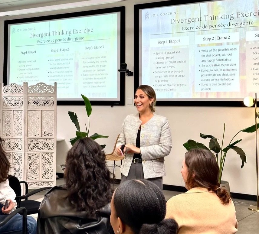 Corporate trainer and learning & development specialist Thalia Dabda facilitating an engaging employee workshop for a Groupe Dynamite Inc.