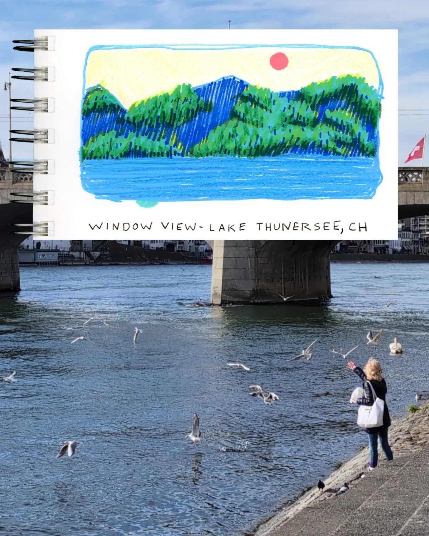 Train window doodles of a lake in Switzerland, with a pic of a cool lady feeding the birds in Basel ⛰️🪶🦢 2&bull;26&bull;24