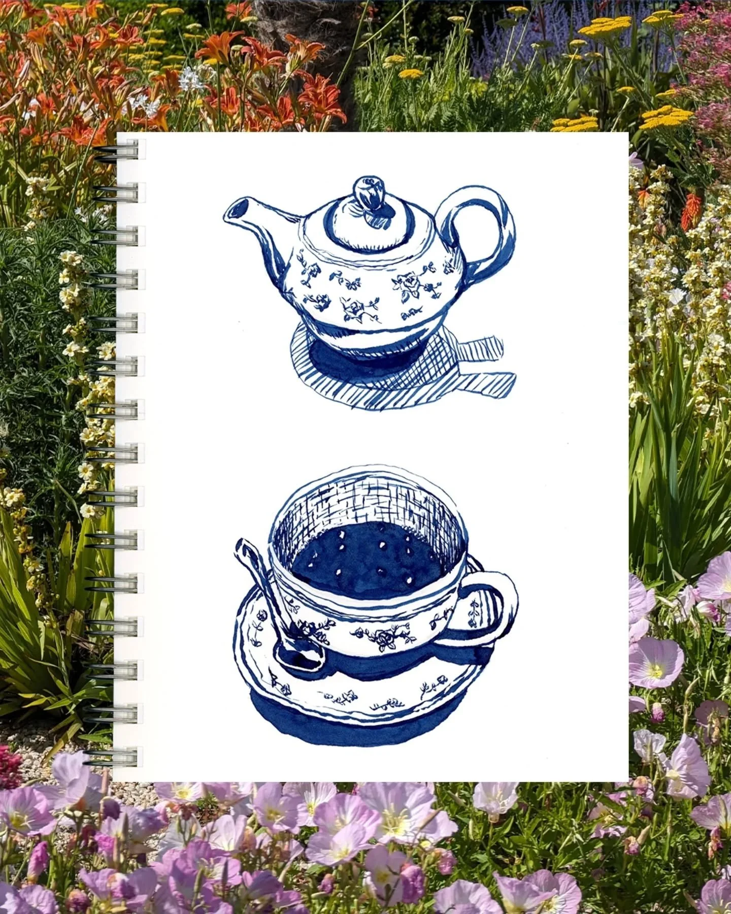 Cute nesting teacup sketches from an adorable tea cafe in La Rochelle, early 2024.