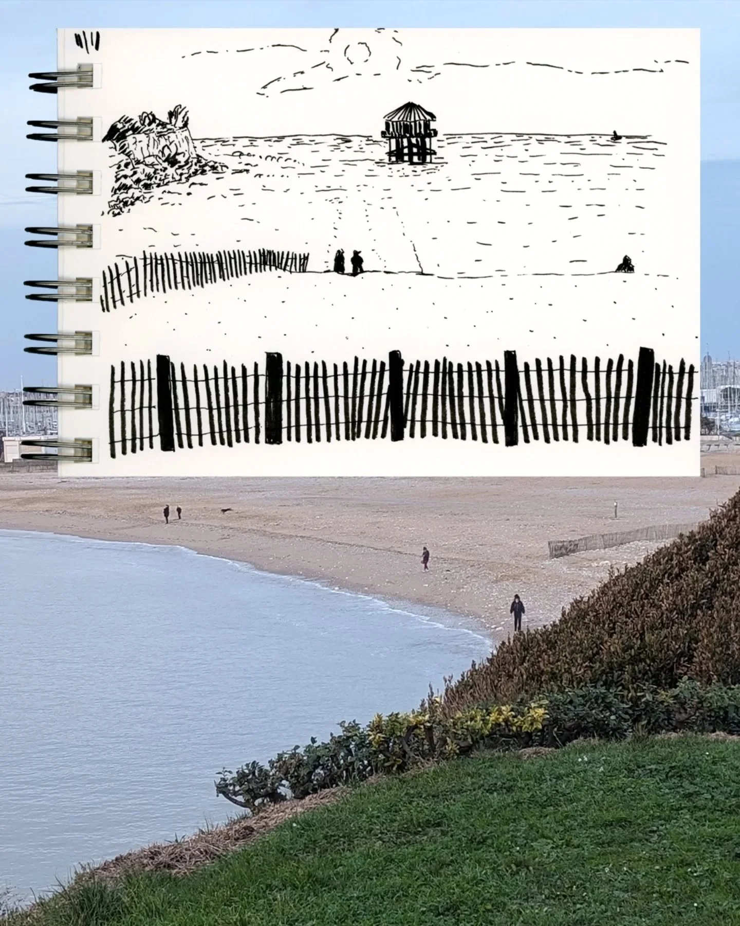 A sketch of Le Phare du Bout du Monde (The Lighthouse at the End of the World) from Minimes beach in La Rochelle, Early 2024. 

This lighthouse is inspired by a replica of a lighthouse of the same name in Patagonia, Argentina. The original lighthouse