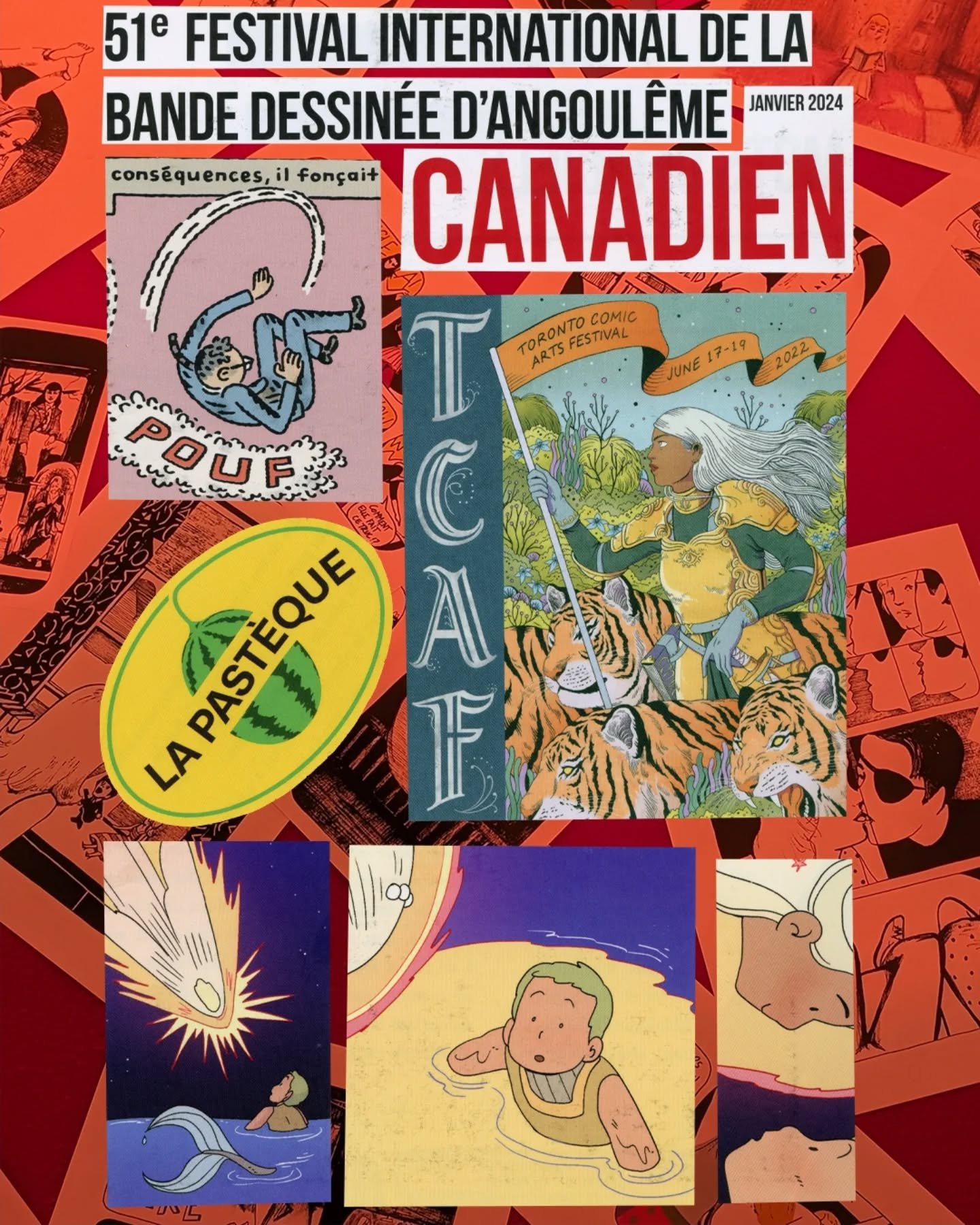 1/3  Pictures I collaged in my sketchbook out of free booklets and flyers from the Angoul&ecirc;me International Comics Festival in January 2024