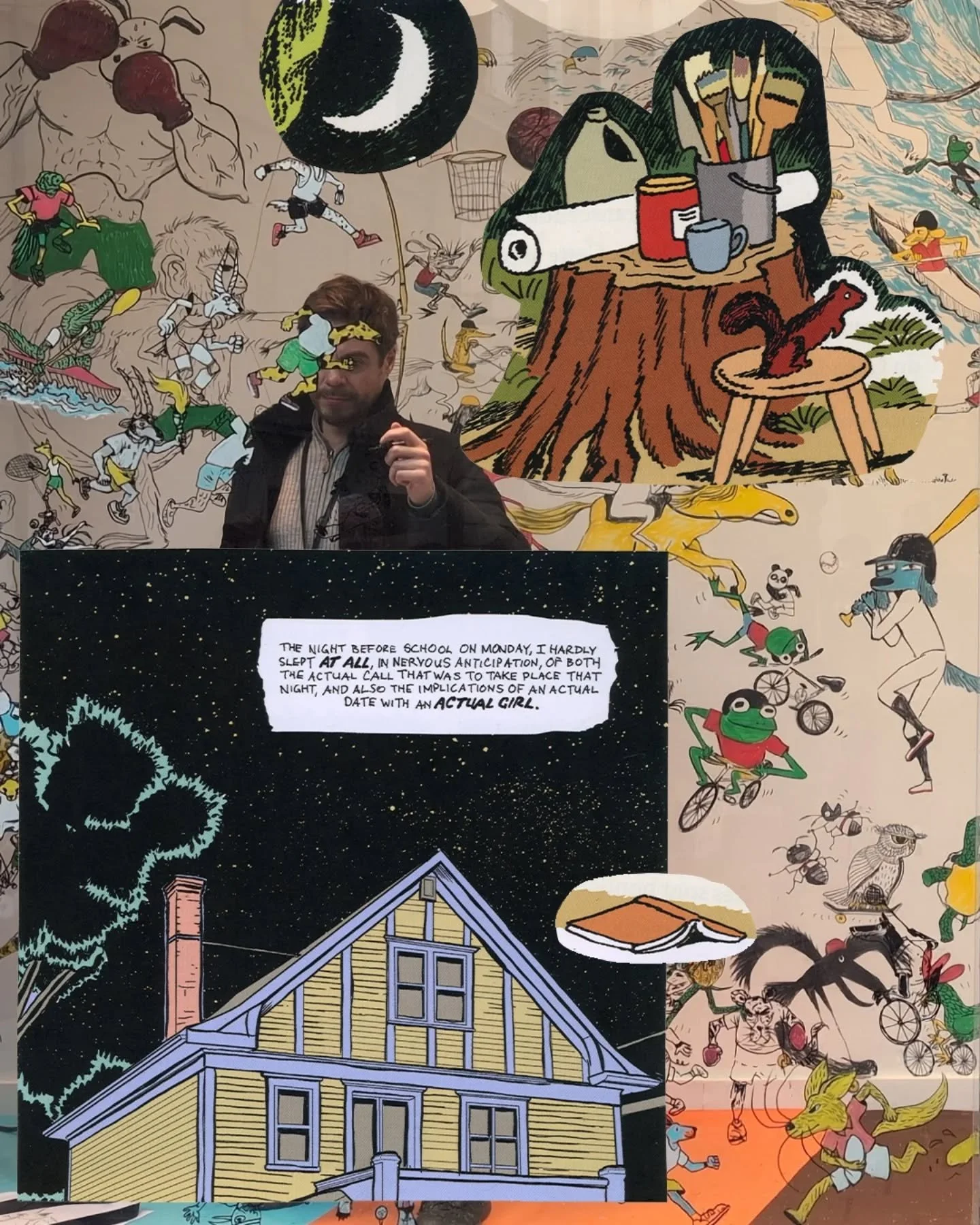 2/3 Magazine sketchbook collages in front, and an artist drawing in a shop window display promoting the Paris Olympics in the background 🏅🚴🏄&zwj;♀️

Angoul&ecirc;me International Comics Festival in January 2024