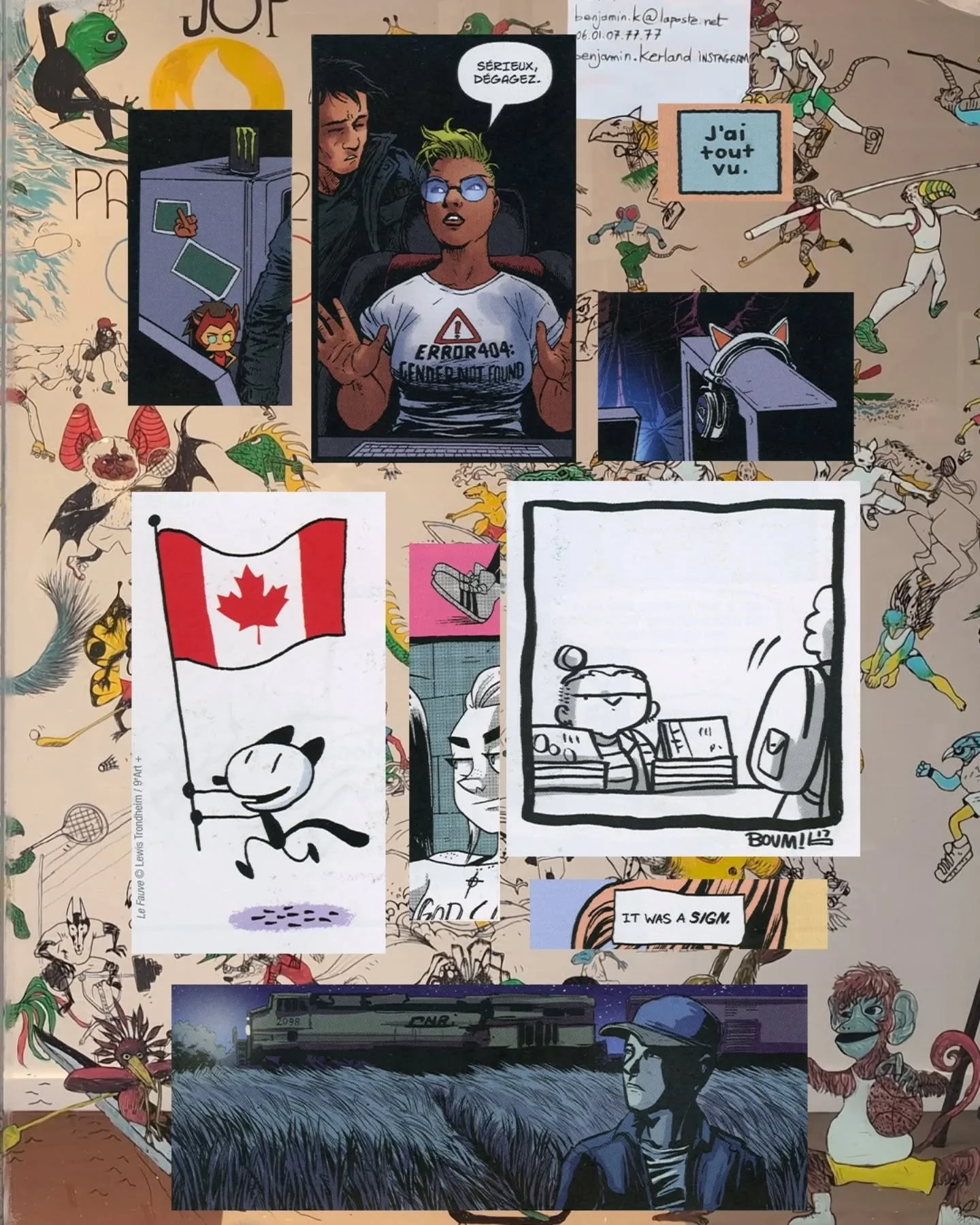 3/3  Pictures I collaged in my sketchbook out of free booklets and flyers from the Angoul&ecirc;me International Comics Festival in January 2024. They were highlighting cool Canadian artists that year, and most of the snippets in here came from them 