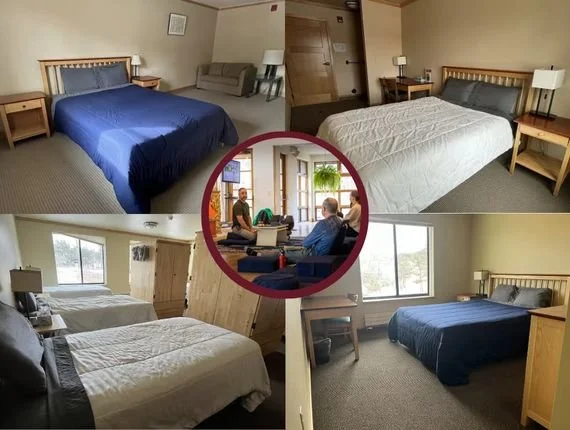 A collage of five images showing different hotel rooms with beds, nightstands, lamps, and windows, and a central circular image of people sitting and talking in a lounge area.