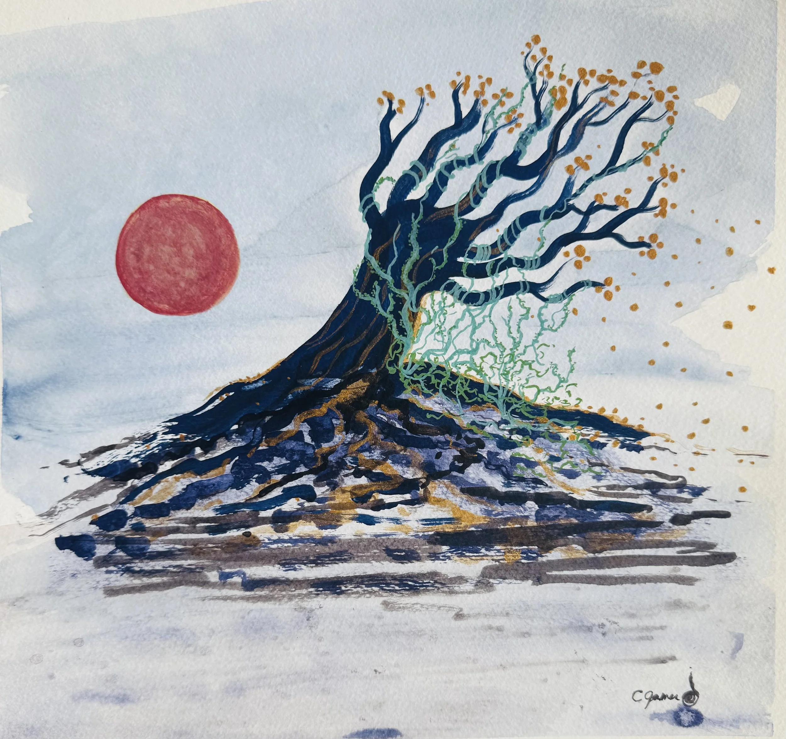 A watercolor painting of a dark, twisted tree with orange leaves on the branches, set against a light blue sky. On the left side, there is a large red sun. The artist's signature, "Carmen," is in the bottom right corner.