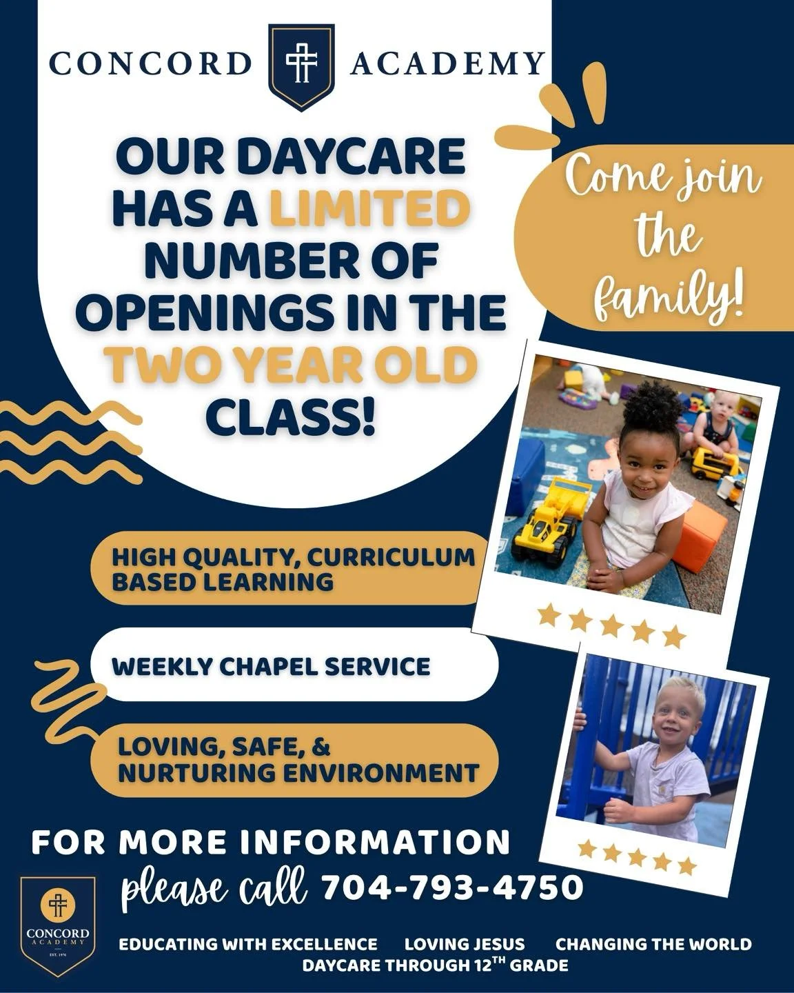Our Daycare has a limited number of openings in the two year old class. Please call 704-793-4750 for more information. 

#concordacademync #educatingwithexcellence #lovingJesus #changingtheworld #onestudentatatime