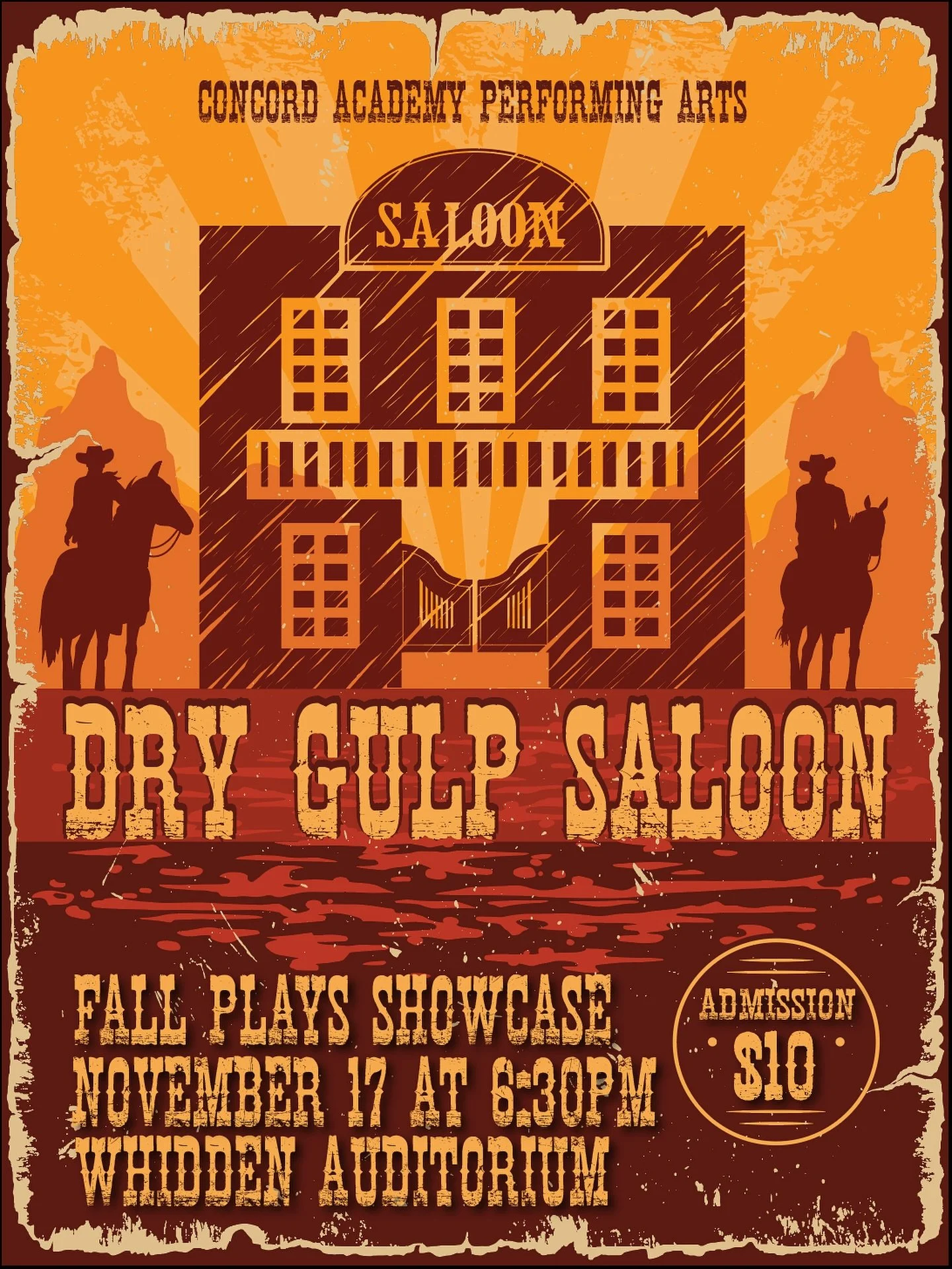 1 of 3 CAPA original comedic short plays to hit the  Concord Academy stage on November 17th at 6:30🤠 
&bull;
The Dry Gulp Saloon jumps back to the Wild West, where the late owner of the local saloon schedules 4 different events on the same day. In t
