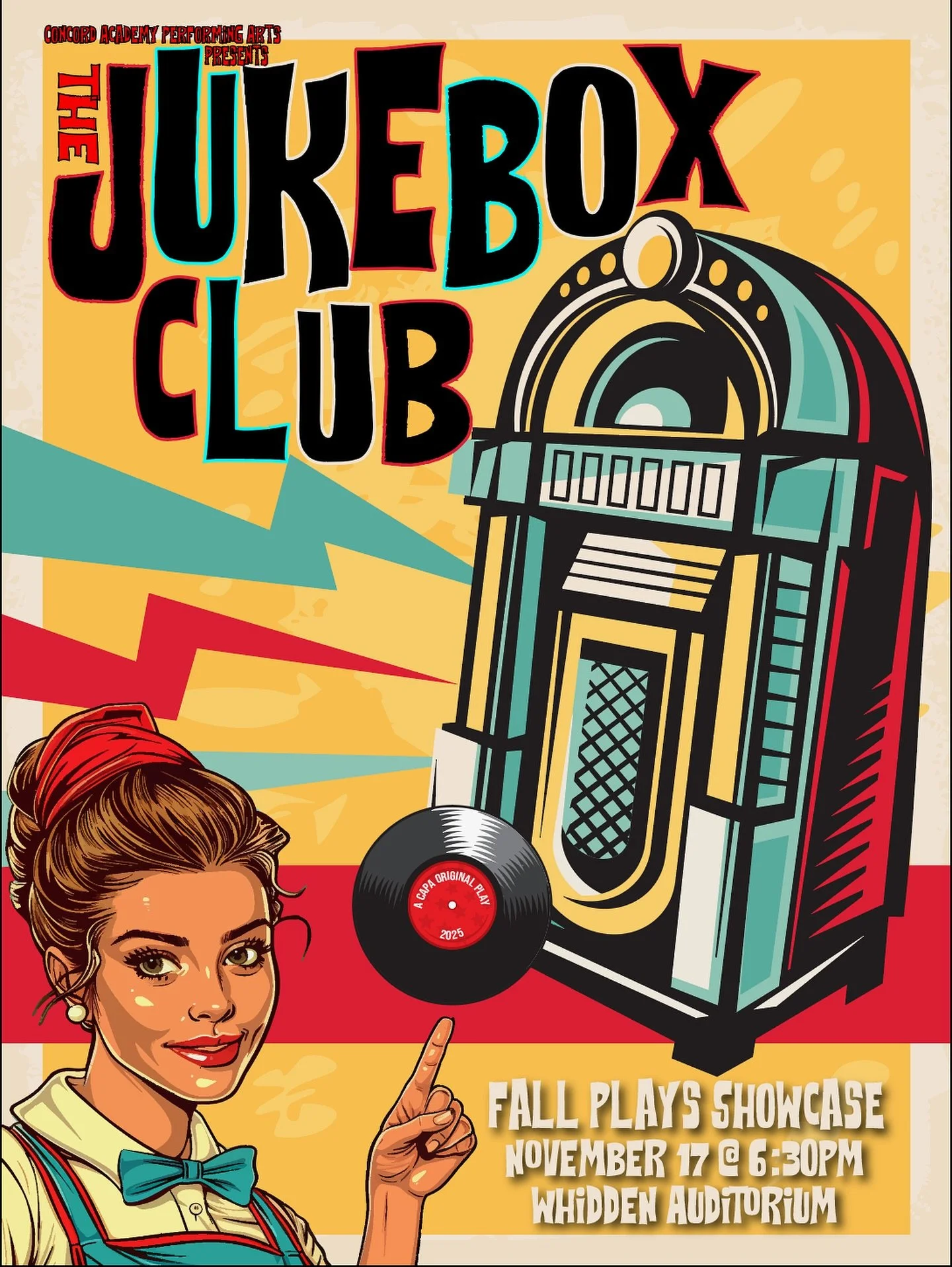 1 of 3 CAPA original comedic short plays to hit the  Concord Academy stage on November 17th at 6:30😁🔴🎤⚪️ 
&bull;
The Jukebox Club is an entertaining romp through the best that the 50s and 60s have to offer. 4 groups of local high schoolers fight a