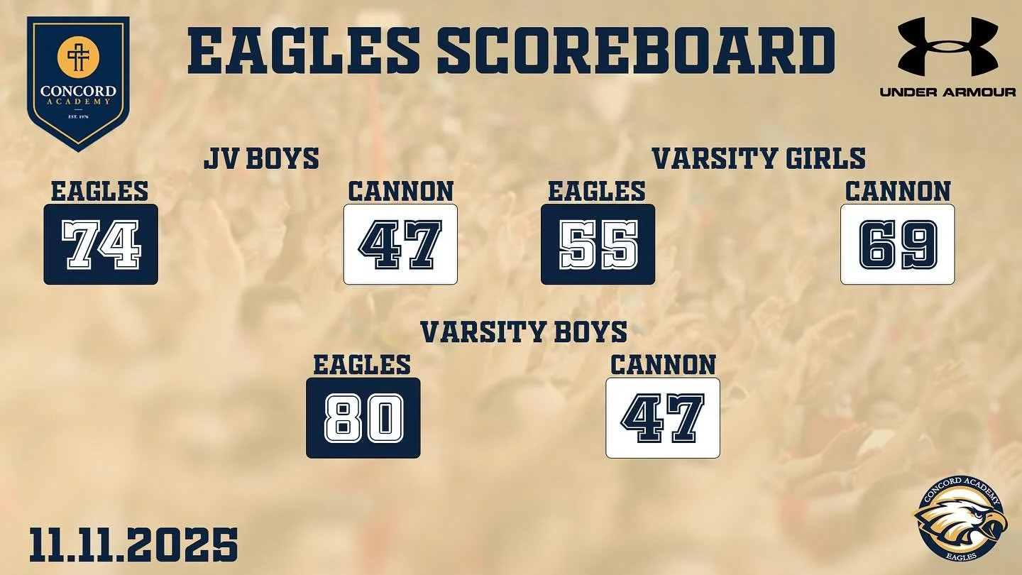 11.11.25 EAGLES SCOREBOARD

🏀 JV Boys 74-47 W vs Cannon
🏀 Varsity Girls 55-69 L vs Cannon
🏀 Varsity Boys 80-37 W vs Cannon