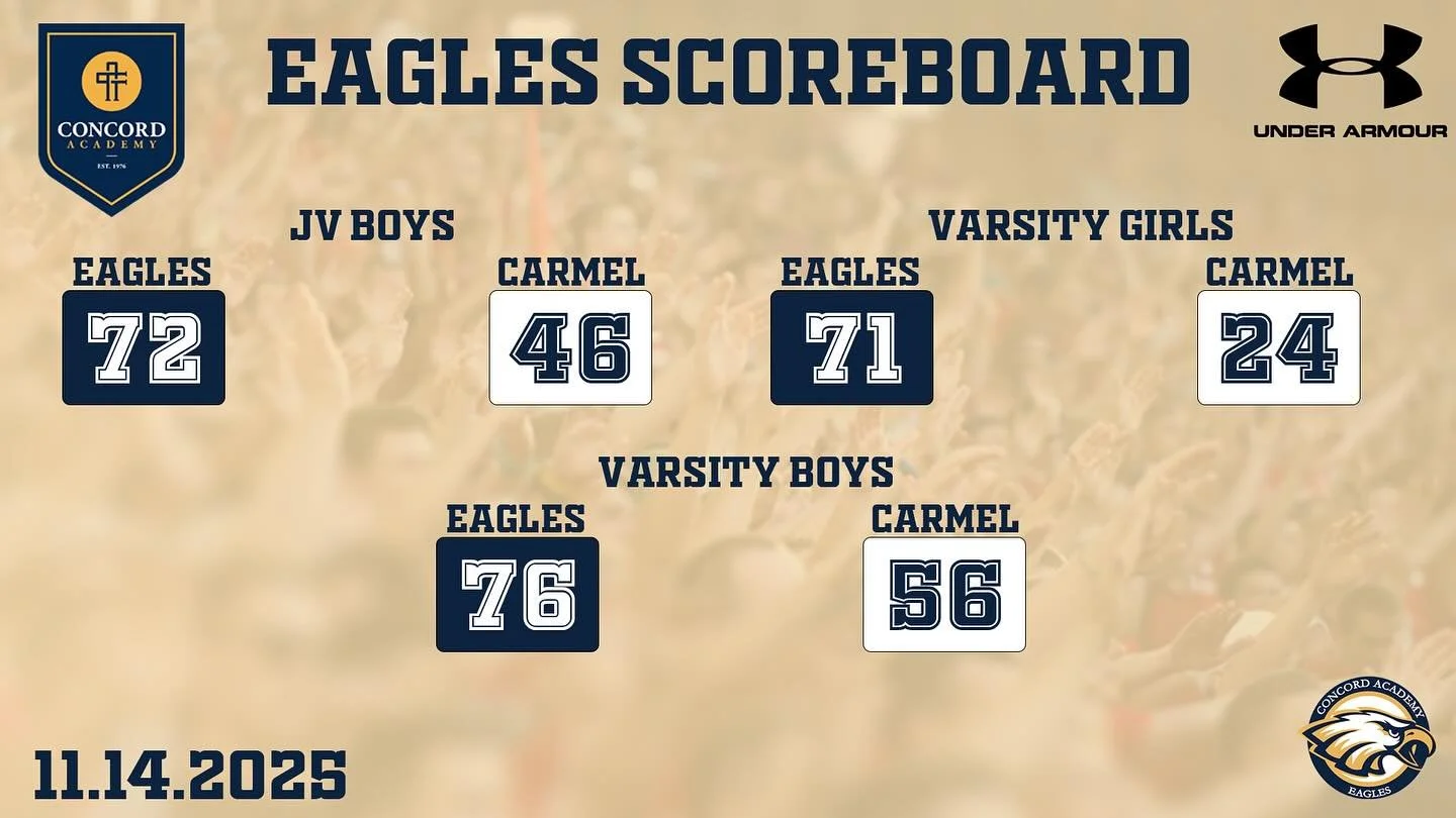11.14.25 EAGLES SCOREBOARD

🏀 JV Boys 72-46 W vs Carmel Christian
🏀 Varsity Girls 71-24 W vs Carmel Christian
🏀 Varsity Boys 76-56 W vs Carmel Christian