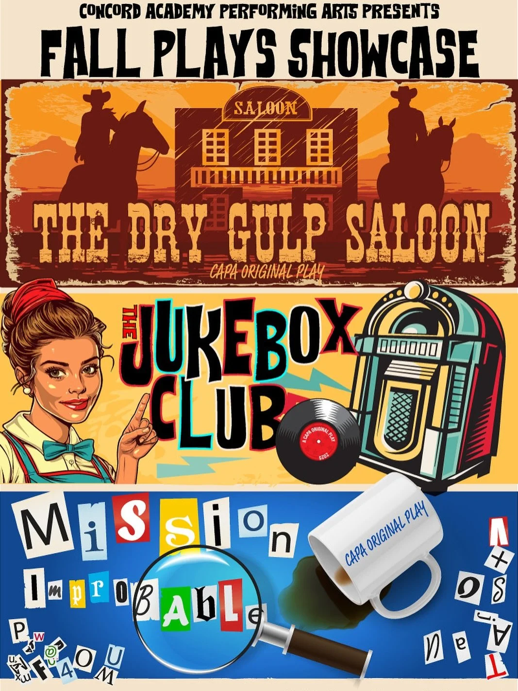 Monday Night, 6:30pm - Whidden Auditorium
3 Original Plays, 1 Night
Tickets available at the door only!
Adults: $10, Students: Free
