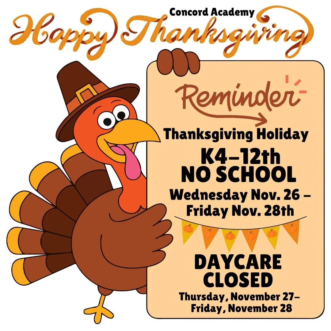 🍁Thanksgiving Holiday reminder! 🍂

O give thanks to the Lord, for He is good;
For His compassion and lovingkindness endure forever!
Psalm 107:1

#concordacademync