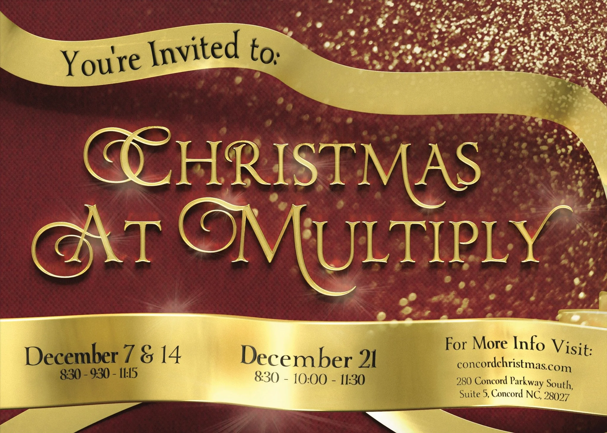Eagle Family: You're invited to Christmas at Multiply!
December 7th &amp; 14th - 8:30 a.m., 9:30 a.m., and 11:15 a.m.
December 21st at 8:30 a.m., 10:00 a.m., and 11:30 a.m.

280 Concord Parkway South, Suite 5
Concord, NC 28027

#concordacademync #edu