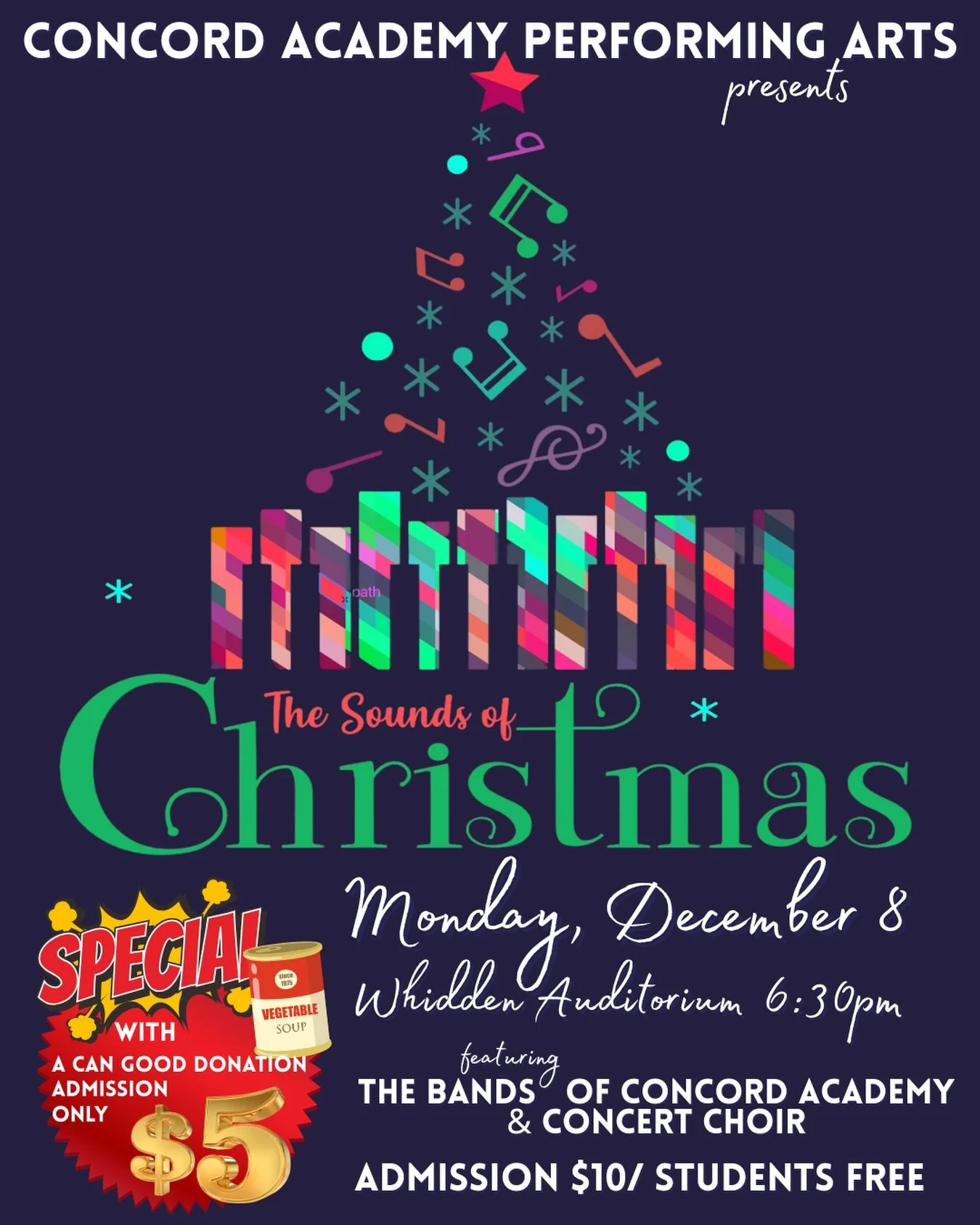 Join the bands and concert choir of Concord Academy in a wonderful night of Christmas music! Bring a canned good to donate and sit back, relax, and enjoy some of your favorite Christmas classics 🎄🎅🏼🎁