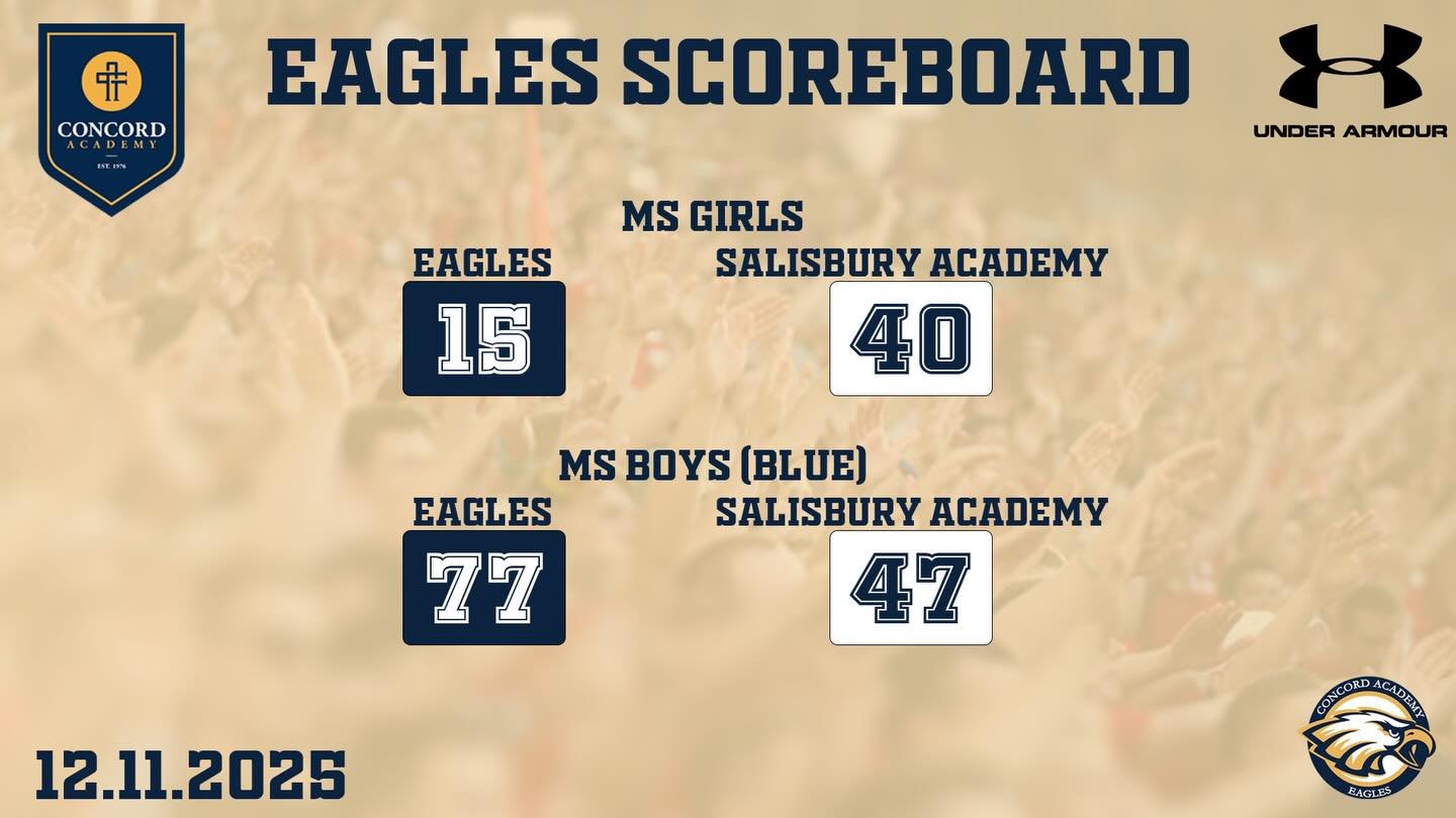 12.11.25 EAGLES SCOREBOARD

🏀 MS Girls 15-40 L vs Salisbury Academy
🏀 MS Boys (Blue) 77-47 W vs Salisbury Academy