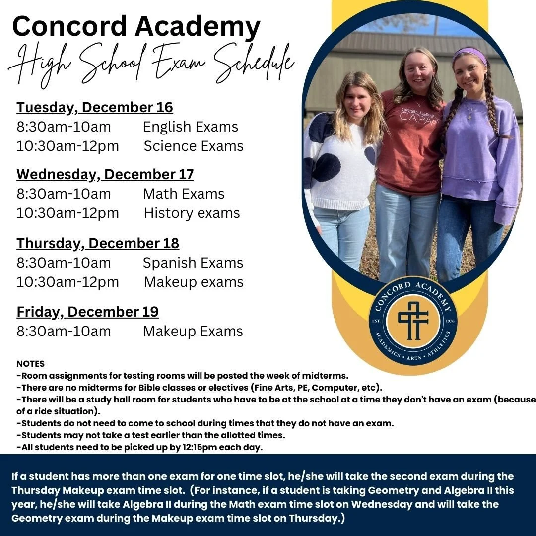 Eagle Family: here are the details for exam week. We are praying for every student to study hard and do their best. You&rsquo;ve got this! 💪🏼🦅

#concordacademync