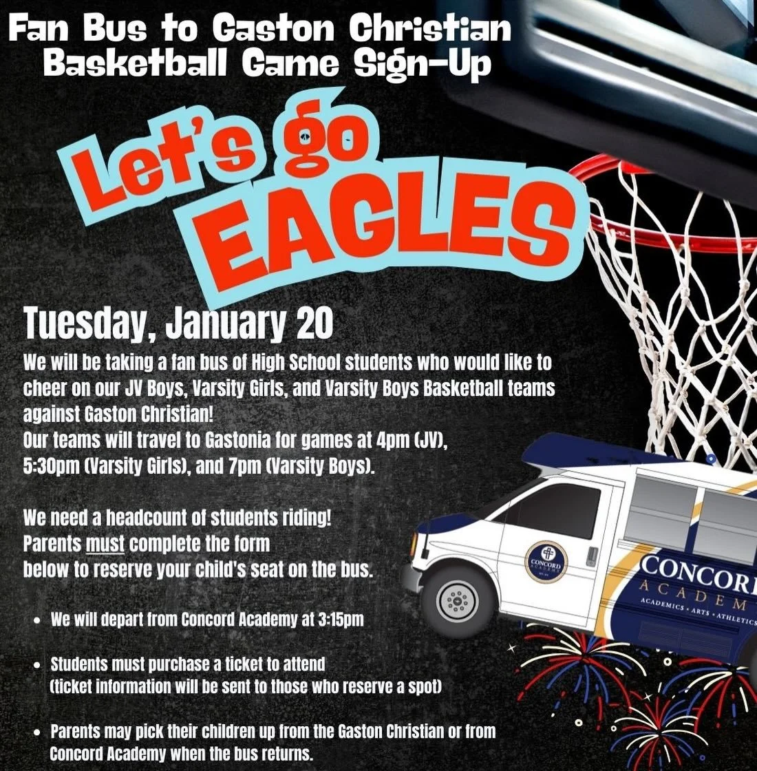 WE&rsquo;RE TAKING A FAN BUS TO GASTON CHRISTIAN TUESDAY!

Parents, sign your HS students up via the link in the bio and on our story!!! Check your email for more information!