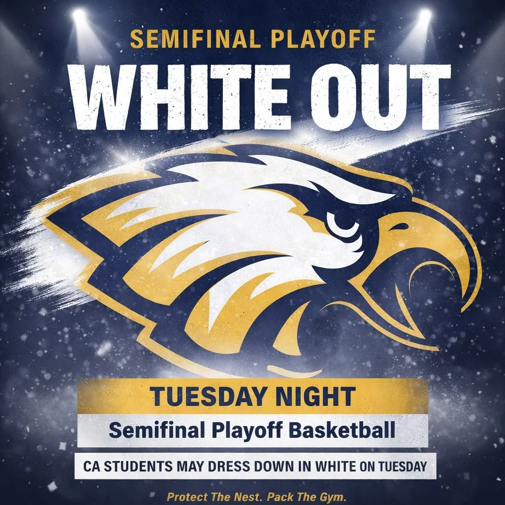 ⚪️⚪️⚪️ WHITE OUT ⚪️⚪️⚪️
Both our girls and boys basketball teams are in the semifinals tomorrow vs Gaston Christian. The theme is WHITE OUT! CA Students may dress down in white for school and the game! Let&rsquo;s pack the stands!

#CAEagles #EaglesF