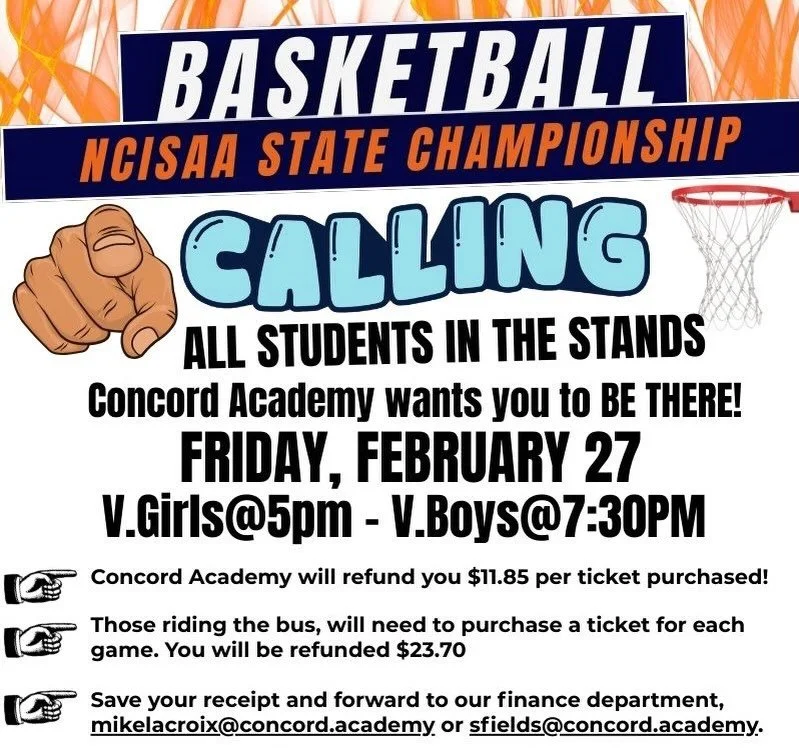 Our Eagles are headed to the State Championship and we want YOU there to cheer them on! Concord Academy will refund you $11.85 per ticket purchased!

SEPARATE tickets must be purchased to attend the girls and boys&rsquo; games.

Thank you for support
