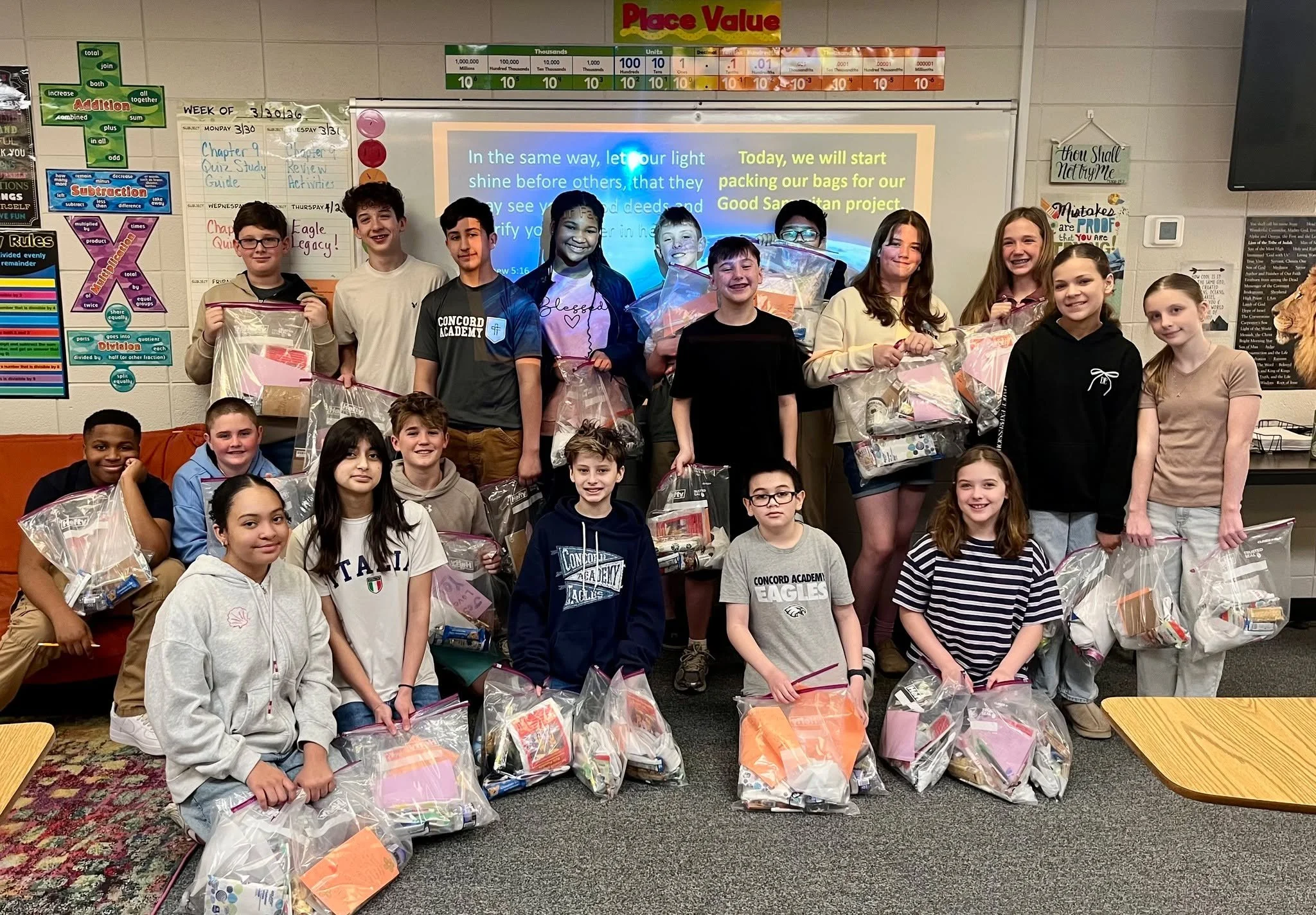 Mrs. Carney&rsquo;s Bible class is putting faith into action! Students prepared bags filled with Bibles, supplies, and personal hygiene products to bless the homeless in our area. So proud of these students for living out the love of Christ in this m