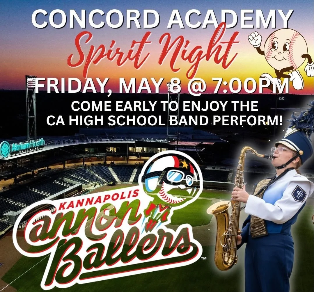 Mark your calendars, Eagles! Join us for Spirit Night with the Kannapolis Cannon Ballers! 

📅 Friday, May 8
⏰ 7:00 PM

Come early to cheer on our High School Band as they take the field before the game!

Ticket link in bio. 

#concordacademync