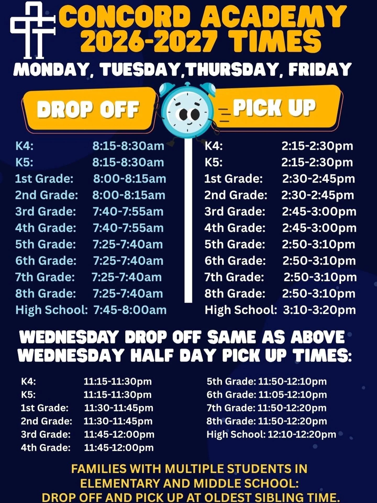Ten days and counting, Eagle Family! Please make note of these important times as you plan your back to school calendar! 🦅