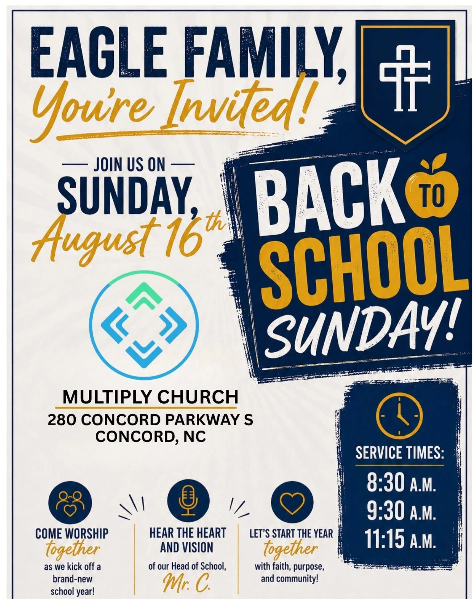Join us this Sunday, August 16th, at Multiply Church Concord as we kick off a new school year in the very best way by worshipping together! 🙌🏽🙌🏻🙌🏾
 
Come hear the heart of our Head of School, Mr. C, as he shares an encouraging word for the year
