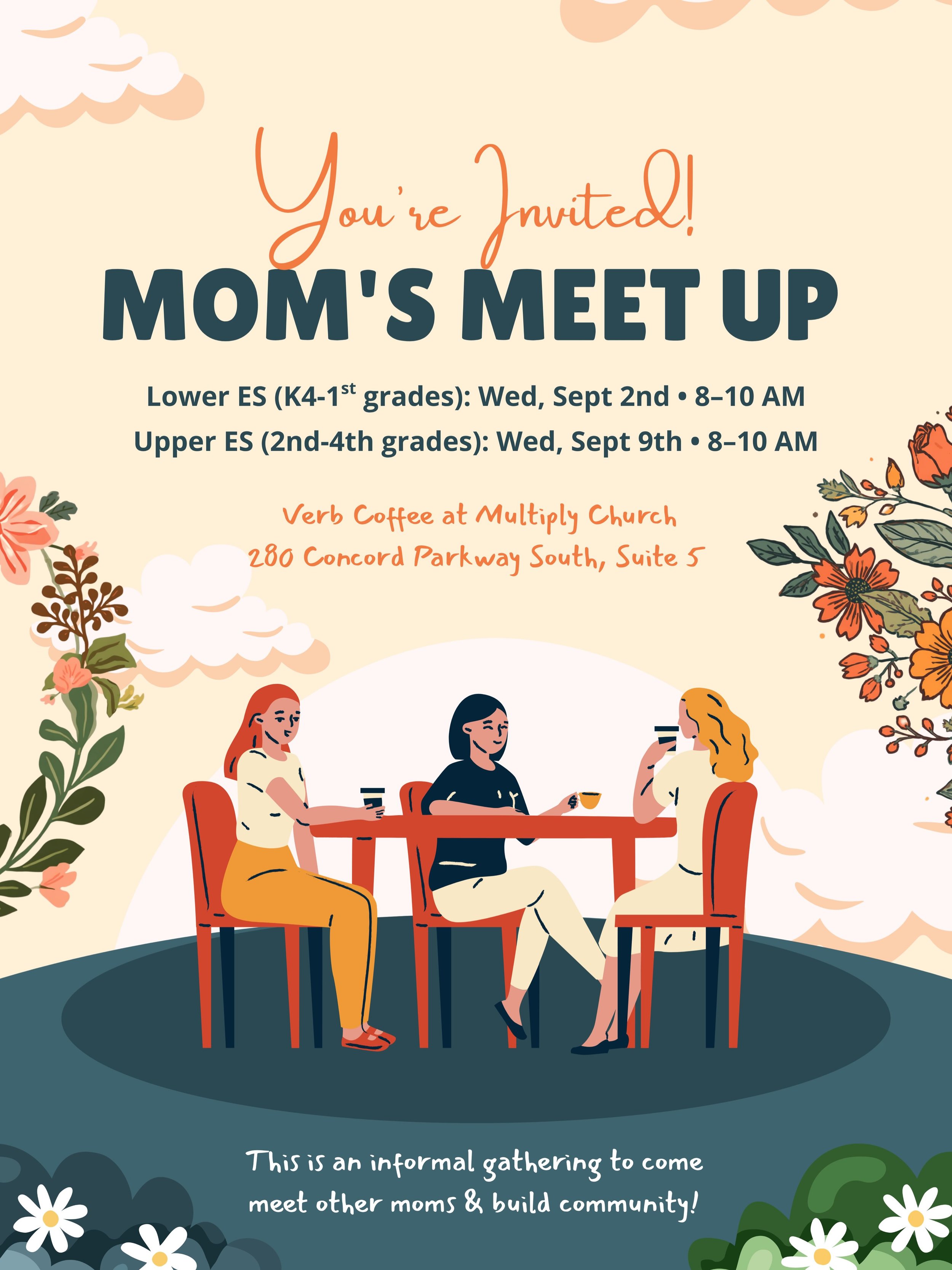 ☕️💗Mom&rsquo;s Meet Up! Calling all Lower &amp; Upper Elementary moms! Join us for an informal time to meet other moms, connect, and build community.

Lower Elementary: September 2
Upper Elementary: September 9
8:00 a.m. - 10:00 a.m. 
Verb Coffee at