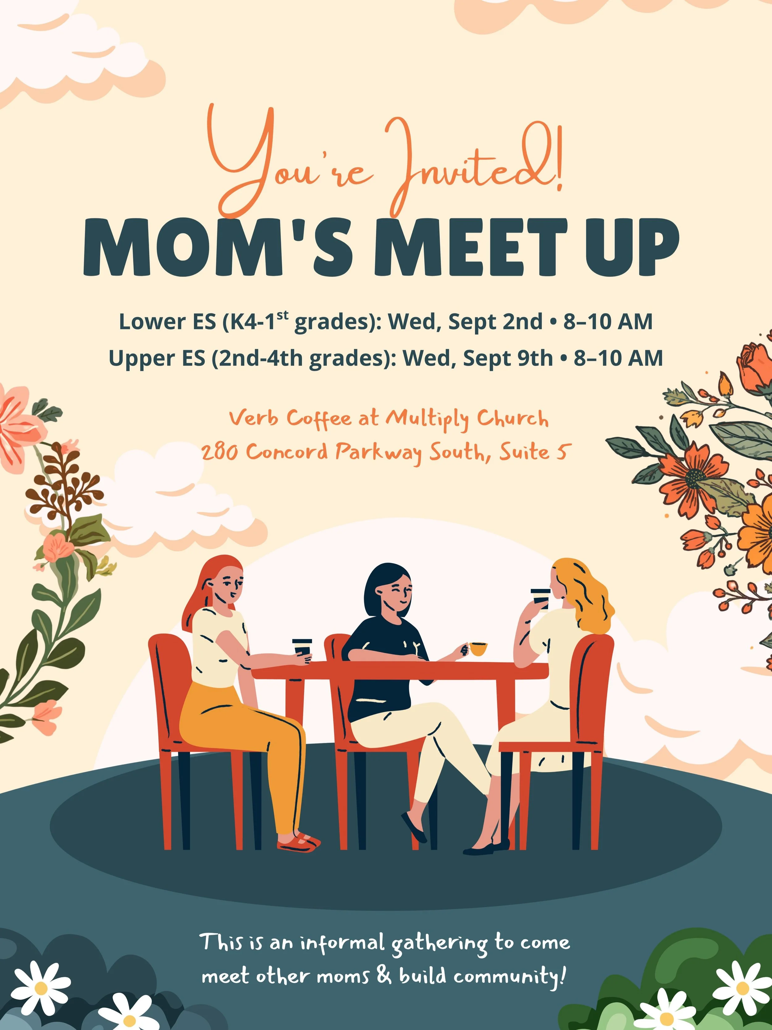 ☕️💗Mom&rsquo;s Meet Up! Calling all Lower &amp; Upper Elementary moms! Join us for an informal time to meet other moms, connect, and build community.

Lower Elementary: September 2
Upper Elementary: September 9
8:00 a.m. - 10:00 a.m. 
Verb Coffee at