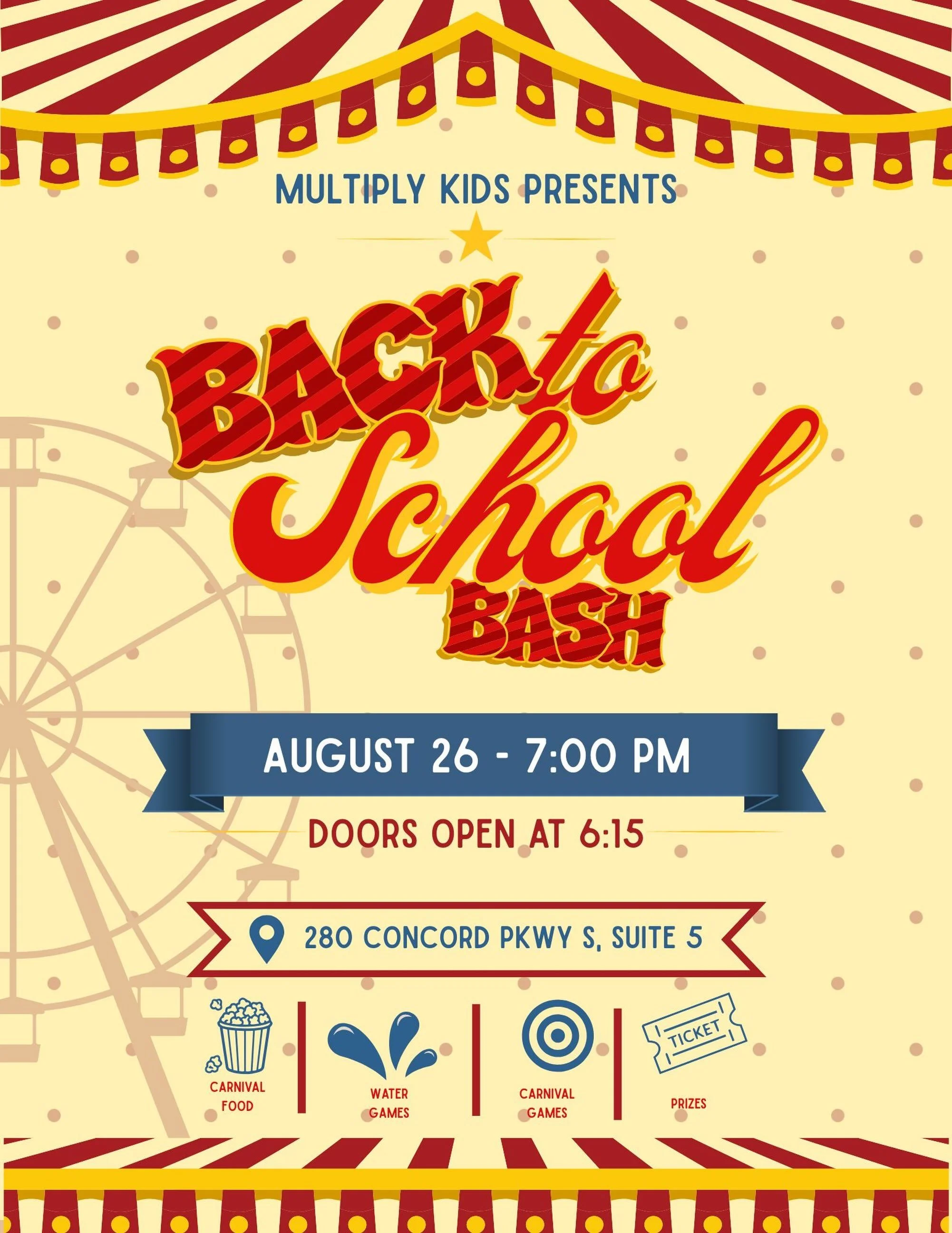 Elementary Students: You&rsquo;re invited to the Multiply Kids Back to School Bash! This Wednesday, August 26th, at 7:00 p.m. 🍿🎟️💦