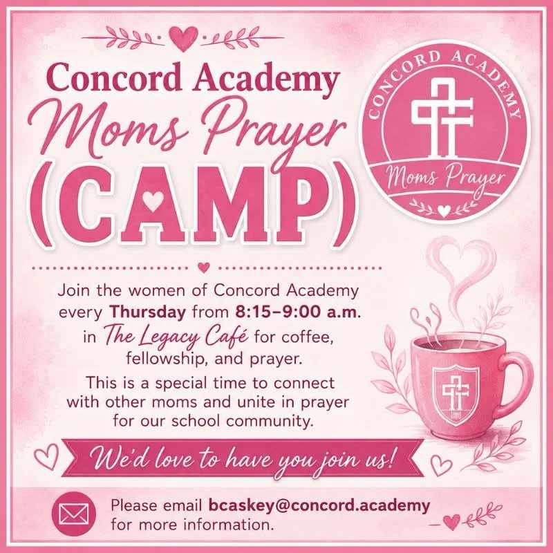💕 Join the women of Concord Academy every Thursday from 8:15-9:00 a.m. in The Legacy Caf&eacute; for coffee, fellowship, and prayer. This is a special time to connect with other moms and unite in prayer for our school community. 💕