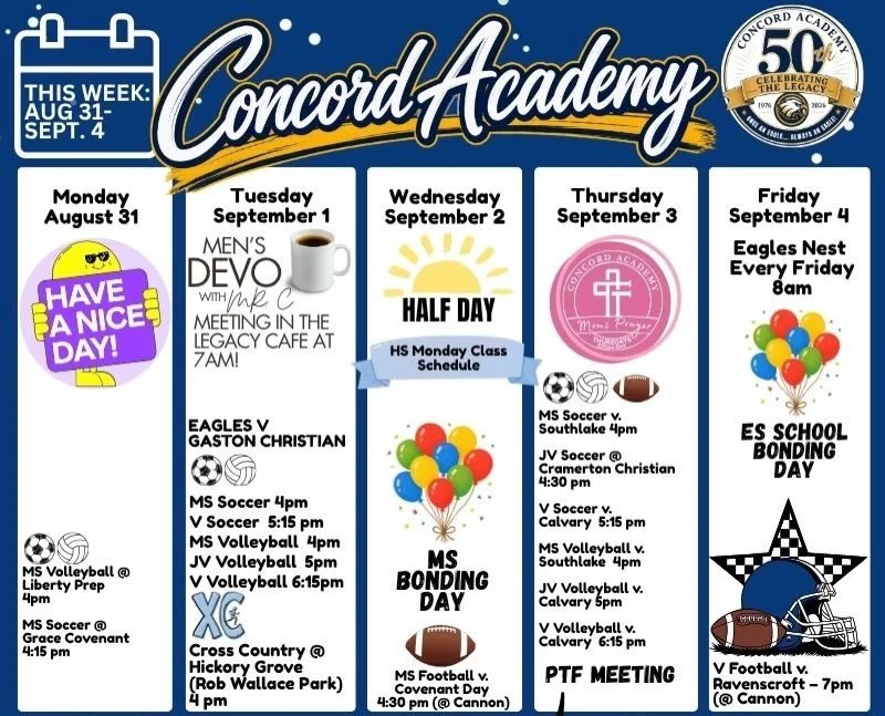 Here&rsquo;s what&rsquo;s happening this week at Concord Academy! For more details please refer to the Sycamore calendar.

#concordacademync #aLivingLastingLegacy #50years
