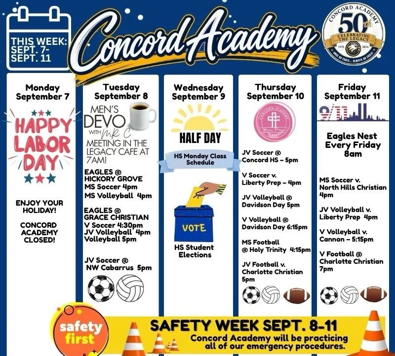 Here&rsquo;s what&rsquo;s happening this week at Concord Academy! For more details please refer to the Sycamore calendar.

#concordacademync #aLivingLastingLegacy #50years