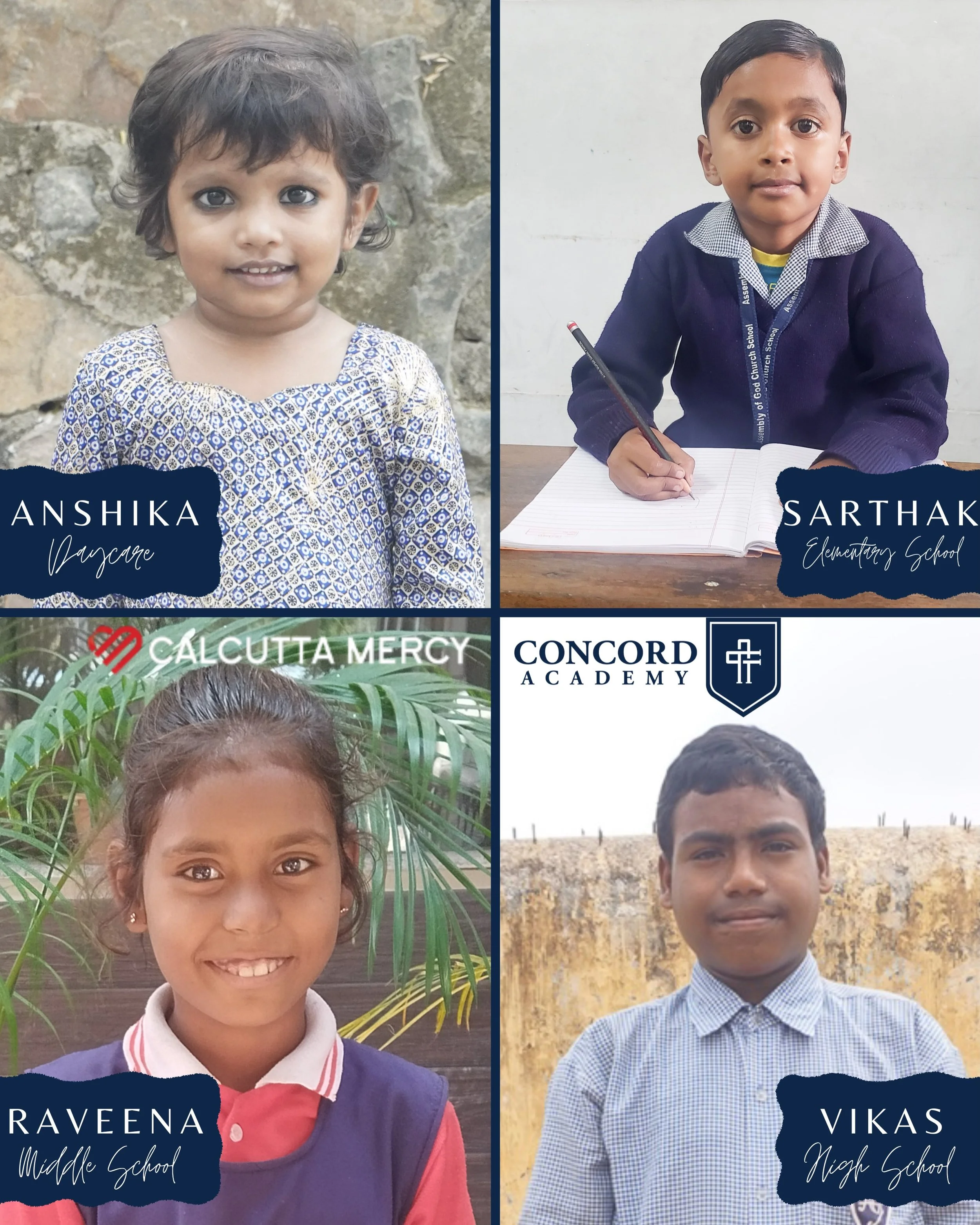 We&rsquo;re so excited to introduce you to a new and very special project at Concord Academy!

This school year, each of our schools is sponsoring a student through Calcutta Mercy Ministries in India. Our monthly support helps provide nutrition and e