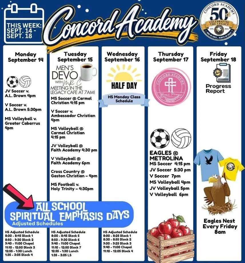 Here&rsquo;s what&rsquo;s happening this week at Concord Academy! For more details please refer to the Sycamore calendar.

#concordacademync #aLivingLastingLegacy #50years