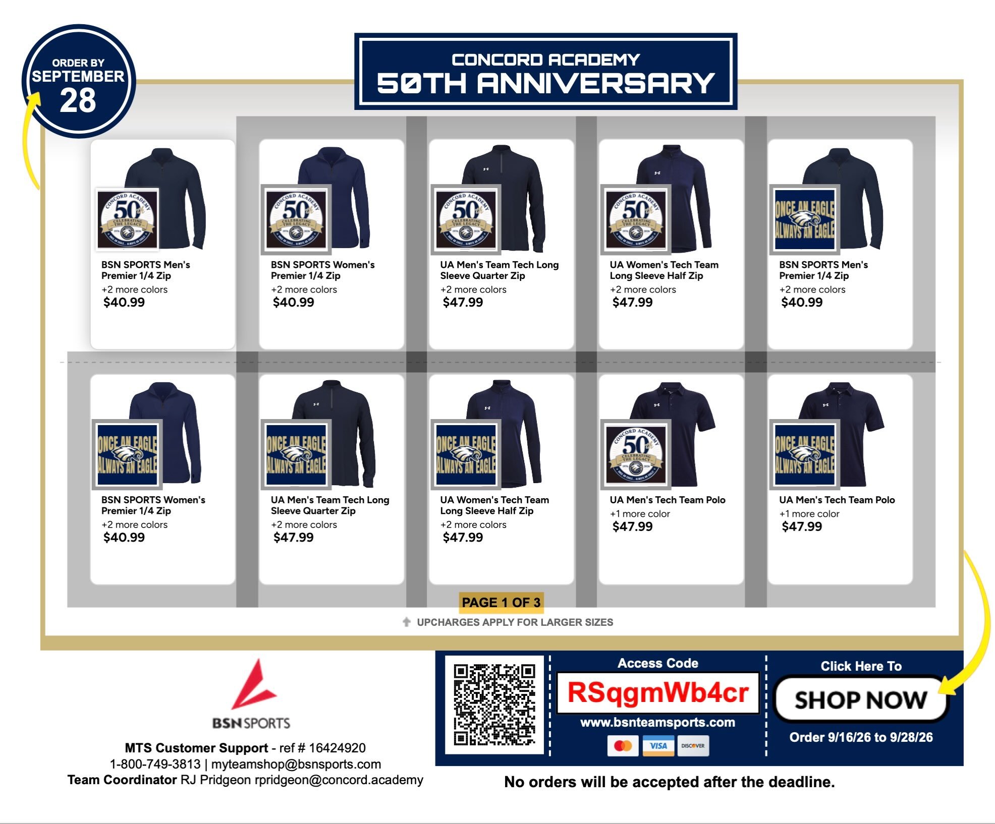 We&rsquo;re so glad that YOU are here for our 50th year! 🦅

Our special 50th Anniversary Online Store is open now through September 28th! Get your customized 50th Anniversary merchandise and celebrate 50 years of Concord Academy with us!

Shop here: