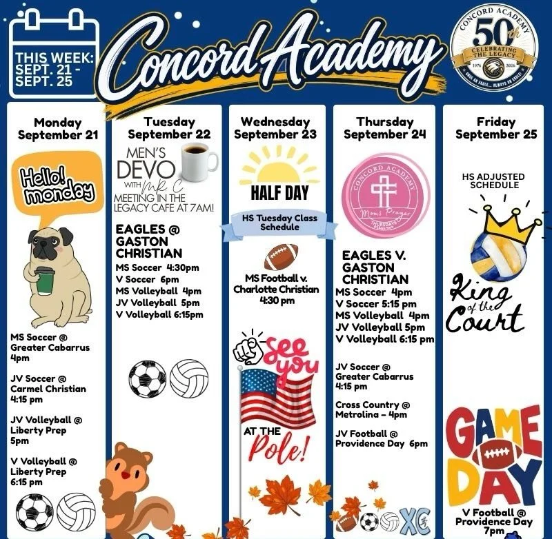 Here&rsquo;s what&rsquo;s happening this week at Concord Academy! For more details please refer to the Sycamore calendar.

#concordacademync #aLivingLastingLegacy #50years
