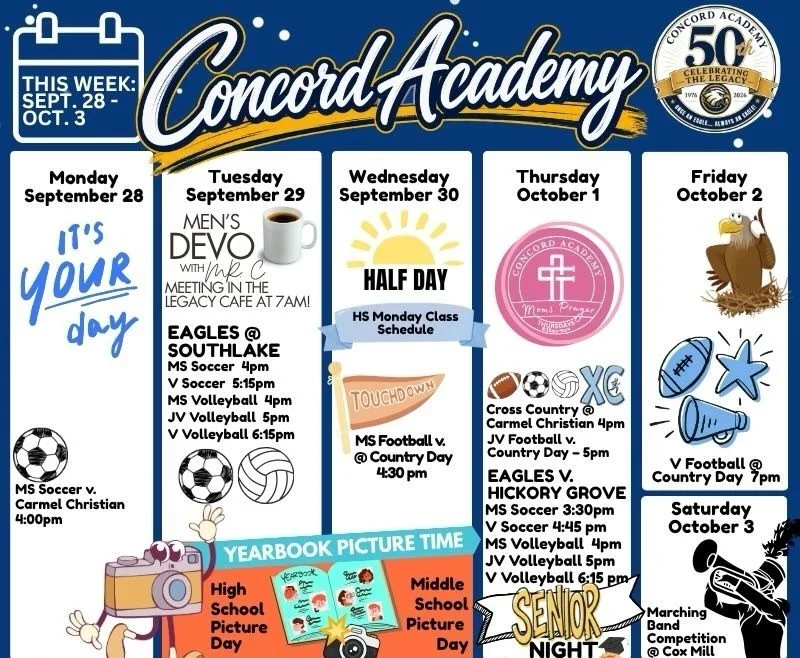 Here&rsquo;s what&rsquo;s happening this week at Concord Academy! For more details please refer to the Sycamore calendar.

#concordacademync #aLivingLastingLegacy #50years