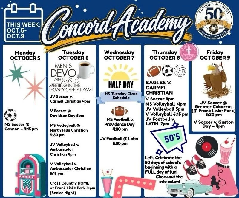 Here&rsquo;s what&rsquo;s happening this week at Concord Academy! For more details please refer to the Sycamore calendar.

#concordacademync #aLivingLastingLegacy #50years