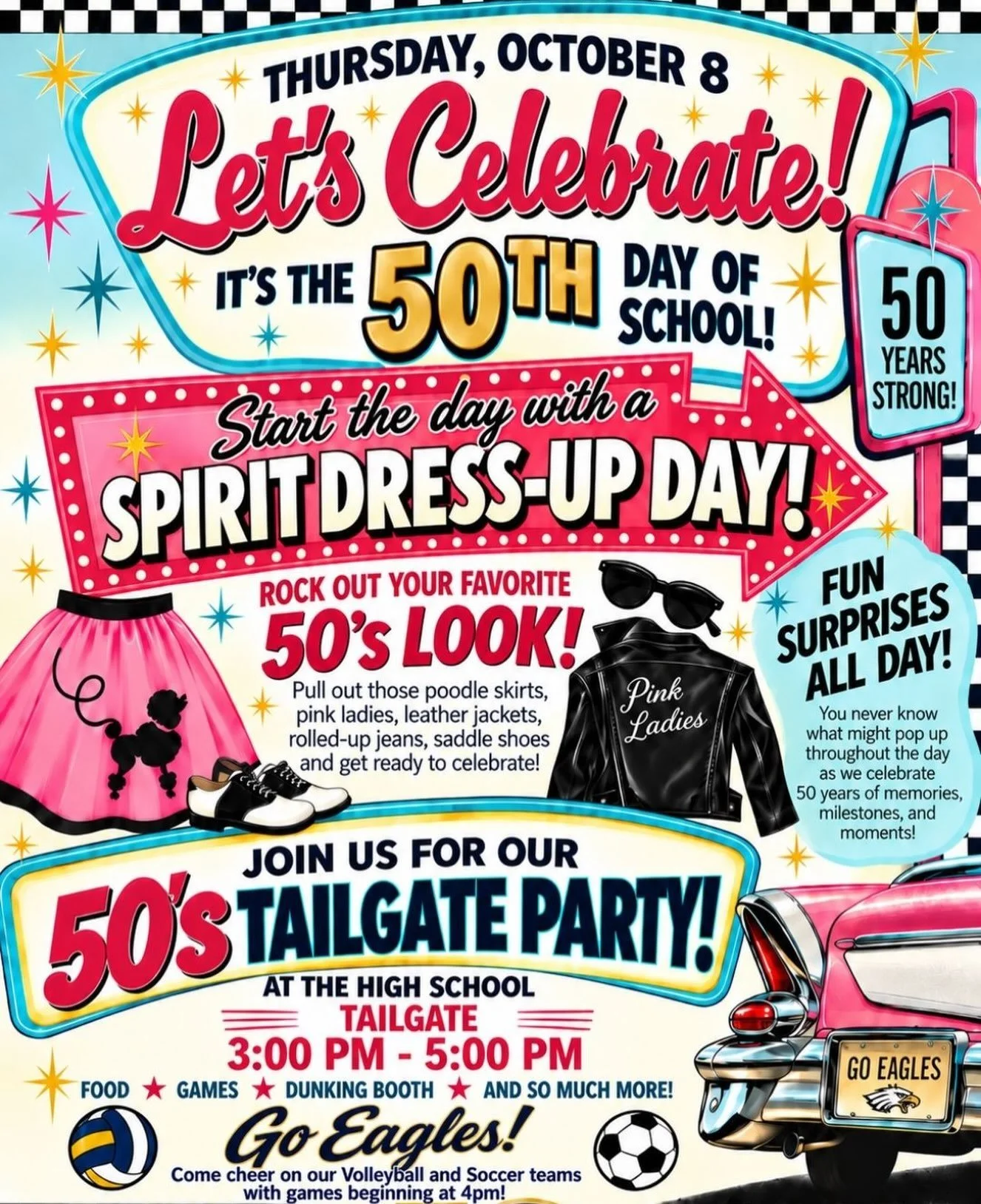 ✨Thursday! ✨
50&rsquo;s Dress Up Day - Tailgate  Fun - See you there, Eagle Family!