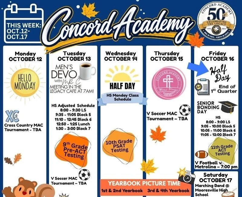 Here&rsquo;s what&rsquo;s happening this week at Concord Academy! For more details please refer to the Sycamore calendar.

#concordacademync #aLivingLastingLegacy #50years