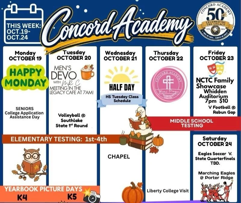 Here&rsquo;s what&rsquo;s happening this week at Concord Academy! For more details please refer to the Sycamore calendar.

#concordacademync #aLivingLastingLegacy #50years