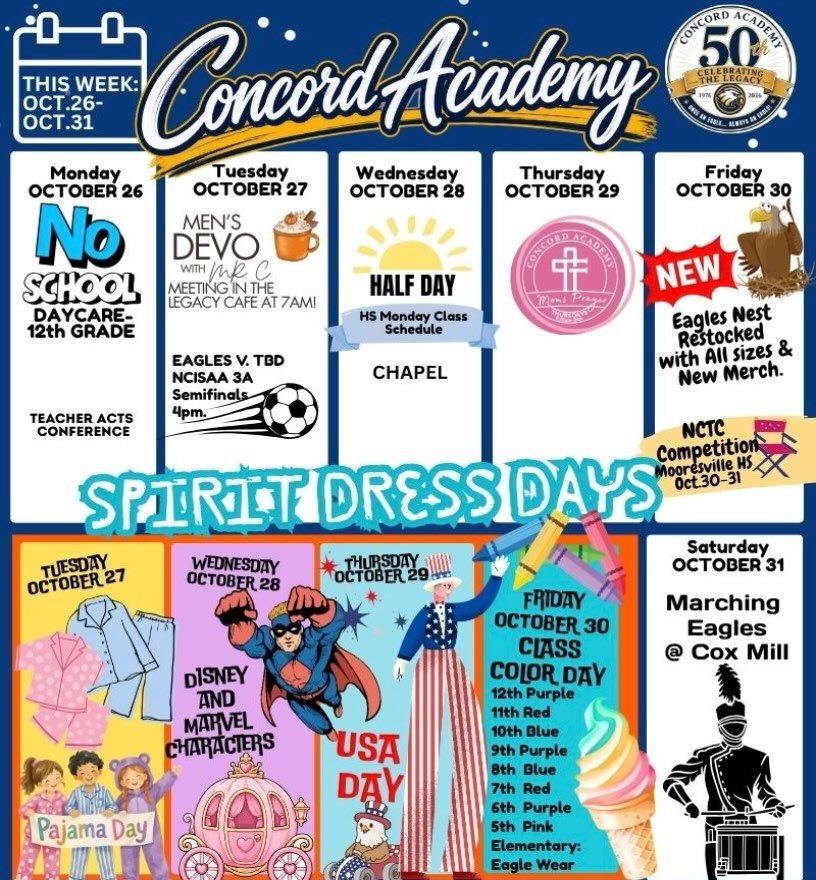 Here&rsquo;s what&rsquo;s happening this week at Concord Academy! For more details please refer to the Sycamore calendar.

#concordacademync #aLivingLastingLegacy #50years