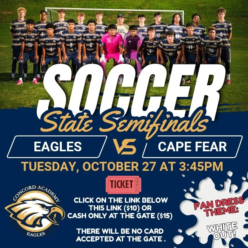 Our Varsity Boys Soccer team is headed to the STATE SEMIFINALS, and the big game is TODAY at home at 3:45 PM!

IMPORTANT TICKET INFO:
Cash ONLY at the gate. No cards accepted. Student and Staff entry is free. 

Skip the line and purchase your tickets