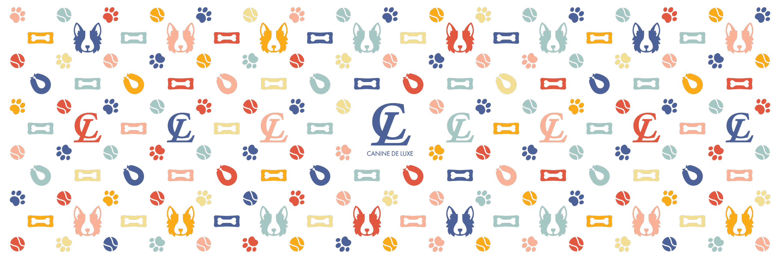Pattern with colorful dog faces, bones, paw prints, and balls on a black background, with the text "Canine de Luxe" in the center.