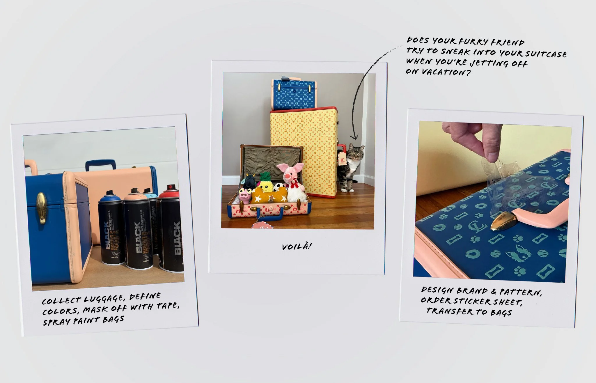 A series of photos showing packing steps for a pet's travel bag, including spray paint and luggage, pet toys, and handling a sticker sheet for transfer.